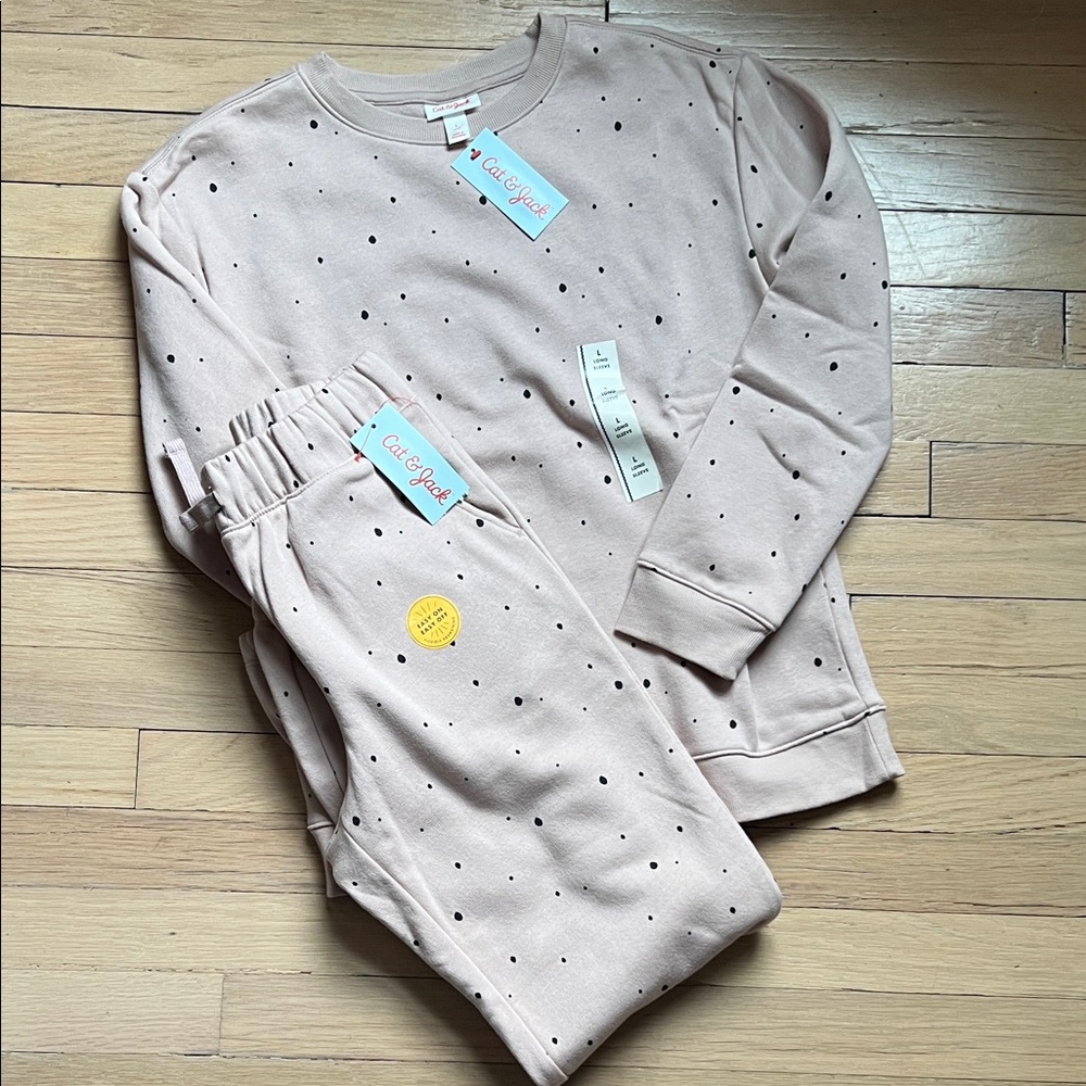Cat & Jack Pink Dot Long-Sleeve Sweatshirt & Pant Set Big Kids Size L 10-12 NWT